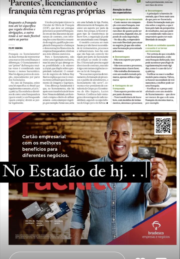Recorte da matéria 'Parentes', licenciamento e franquia têm regras próprias, publicada em O Estado de S. Paulo