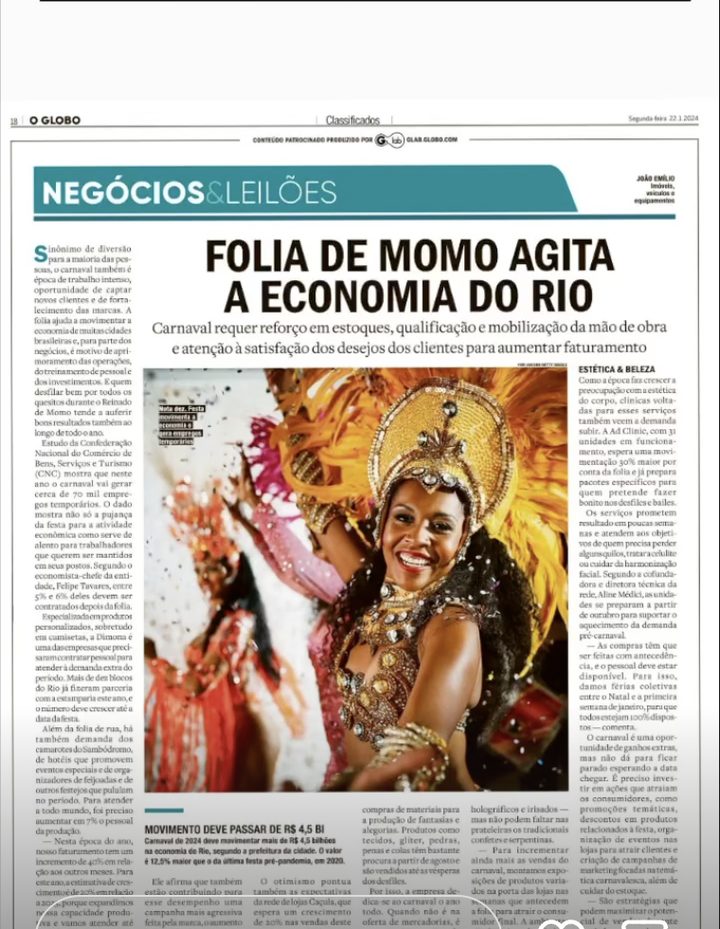 Recorte da matéria Folia de Momo agita a economia do Rio, publicada em O Globo